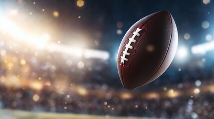 Brown Leather American Football Flying Through the Air in a Packed Stadium Under Bright Lights During an Intense Game