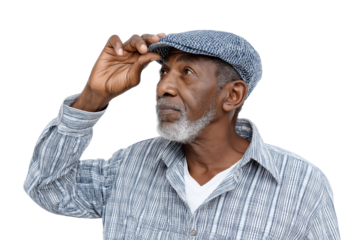  elderly man gazing into distance, his hand touching his cap isolated on white transparent background