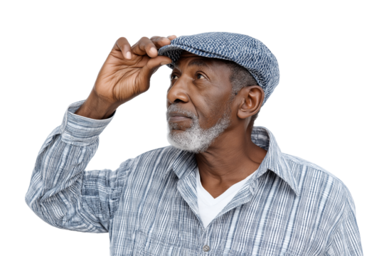  elderly man gazing into distance, his hand touching his cap isolated on white transparent background