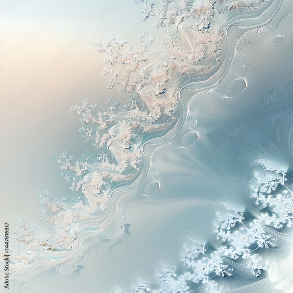 Poster abstract background texture featuring delicate, intricate frost patterns, ice crystals, and snowflak