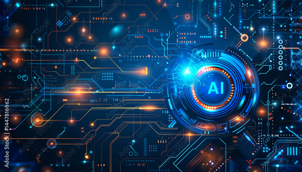 Poster abstract futuristic technology background with circuit board and glowing elements on a blue color