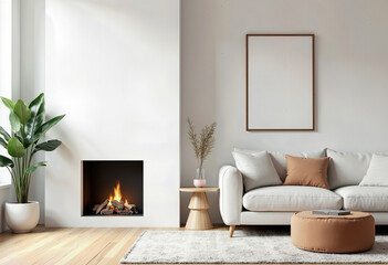 Modern Minimal Living Room with White Sofa, Pouf, and Side Table Set Against a Fireplace and White Wall with Framed Poster – Home Interior Styling
