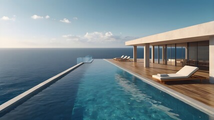 Fototapeta premium Perspective of modern luxury building with terrace and swimming infinity pool on sea view background,Idea of family vacation. 3D rendering,Generative Ai 