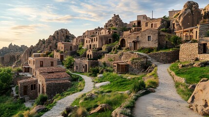 Ancient Village on the Hills: A timeless village nestles harmoniously in a picturesque mountainous landscape, evoking the charm of a simpler era.