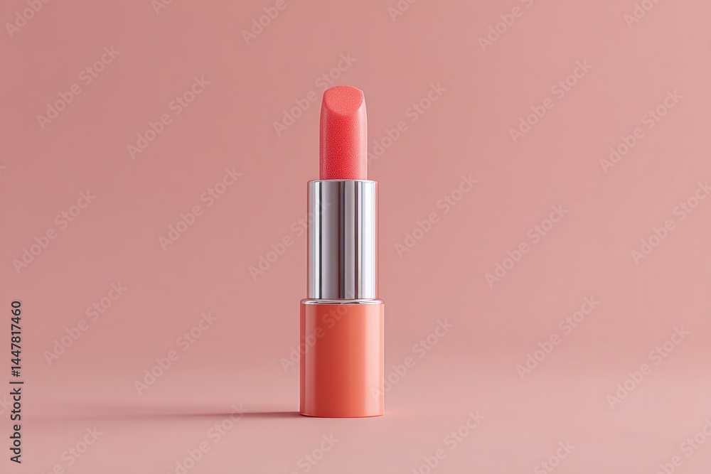 Poster single tube of lipstick positioned on clean solid color background minimalistic design with ample co