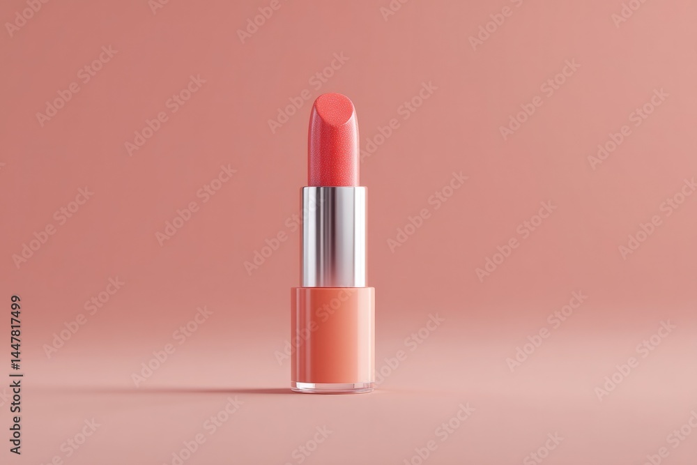 Poster single tube of lipstick positioned on clean solid color background minimalistic design with ample co