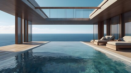 Fototapeta premium Perspective of modern luxury building with terrace and swimming infinity pool on sea view background,Idea of family vacation. 3D rendering,Generative Ai 