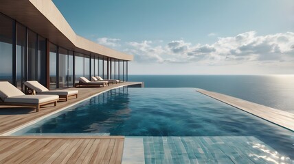Fototapeta premium Perspective of modern luxury building with terrace and swimming infinity pool on sea view background,Idea of family vacation. 3D rendering,Generative Ai 