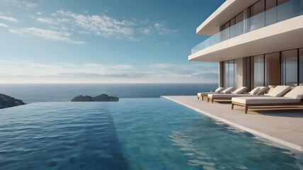 Perspective of modern luxury building with terrace and swimming infinity pool on sea view background,Idea of family vacation. 3D rendering,Generative Ai
