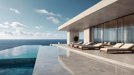 Perspective of modern luxury building with terrace and swimming infinity pool on sea view background,Idea of family vacation. 3D rendering,Generative Ai

