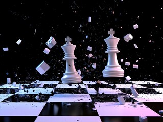 Two white chess kings stand amidst shattered pieces on a damaged checkered board, signifying a dramatic and powerful victory