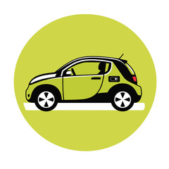 Stylized illustration of a compact car on a bright background.