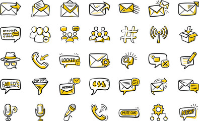 Hand drawn communication icons set concept with mail and social media symbols