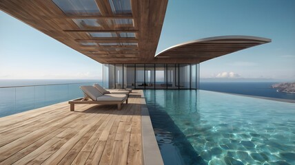 Fototapeta premium Perspective of modern luxury building with terrace and swimming infinity pool on sea view background,Idea of family vacation. 3D rendering,Generative Ai 