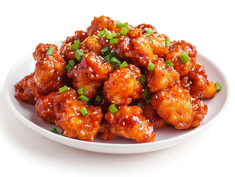 A plate of orange chicken with green onions and scattered sesame seeds on a white background - Powered by Adobe
