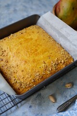 Homemade Mango pistachio cake - summer dessert, selective focus
