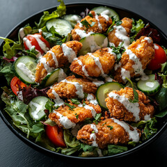 A salad with mixed greens, cucumber slices, and tomato pieces, topped with breaded chicken wings drizzled in ranch dressing