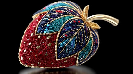 Fototapeta premium Exquisite Beaded Strawberry Artwork Red Blue Gold Jewel toned Handmade Craft