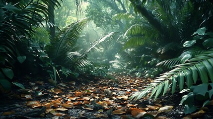 "Lush Green Rainforest Landscape with Dense Foliage and Tropical Vegetation"