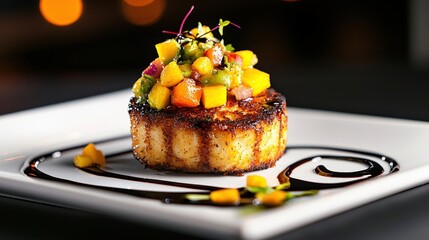 A fine dining creation of crab cakes plated with avocado puree, tangy mango salsa, and a decorative swirl of balsamic glaze under professional studio lighting