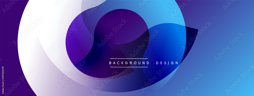 Poster Abstract design features overlapping circles. Gradient colors blend purple, blue, white. Text reads background design. Modern, dynamic composition.