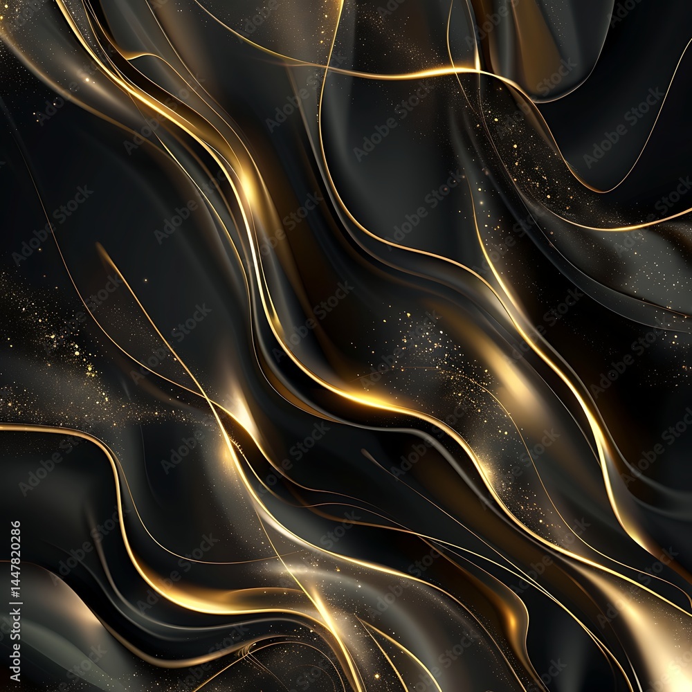 Poster luxurious abstract background featuring elegant flowing gold lines and swirls with subtle glitter on