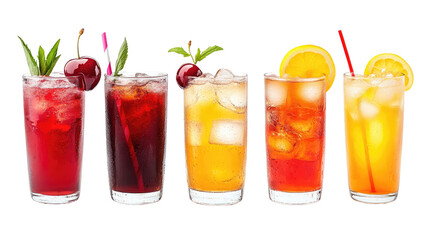 Sparkling Water, Lemonade, Iced Tea, Cherry Soda, and Cola – Beverage Set on White Background

