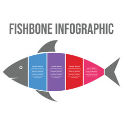 Editable Fishbone diagram and infographic template for office and educational presentation. Fish shape colorful infographic with four different text spaces. Colorful business steps and workflow.