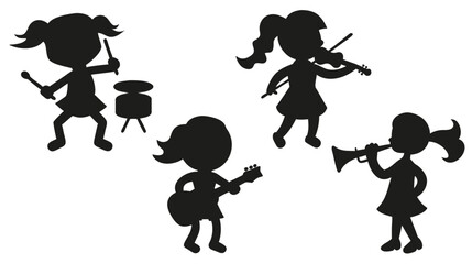 Silhouette of young girl playing instruments: guitar, trumpet, violin, drum. Concept of classical music, performance, extra curriculum