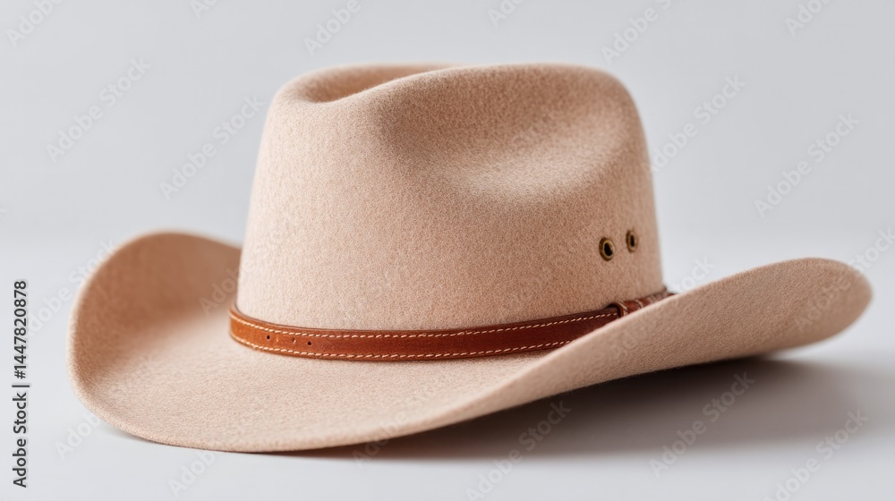 Poster cowboy hat on plain white background minimalistic and clean highlighting craftsmanship with ample co