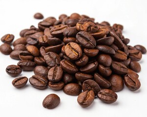 Naklejka premium close-up pile of brown coffee beans on white backdrop showing texture and freshness