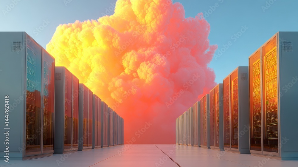 Poster two rows of modern data servers line up under a vibrant, colorful cloud in a clear sky, creating a s