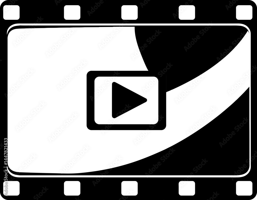 Poster video player icon - black and white movie frame with play button symbol film reel with play icon - v