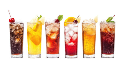 Sparkling Water, Lemonade, Iced Tea, Cherry Soda, and Cola – Beverage Set on White Background

