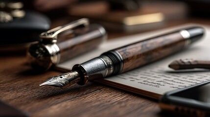 Naklejka premium Elegant pen rests on a note-filled journal page