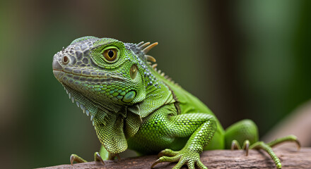 Fototapeta premium Magnificent Green Iguana Portrait: A Vibrant Reptile Close-Up