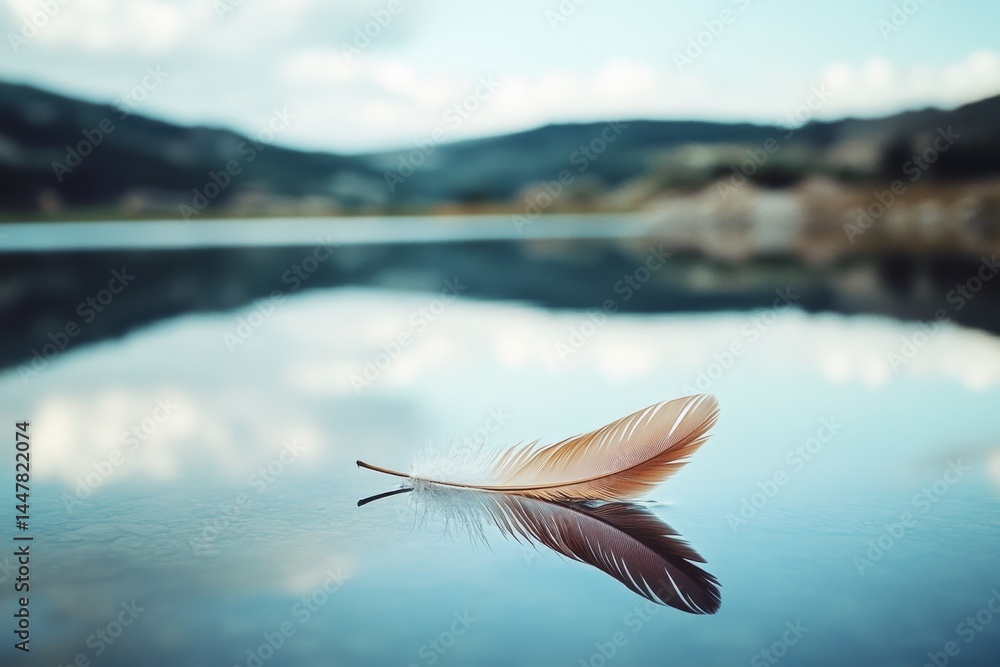 Poster a feather is floating on the surface of a lake. concept of tranquility and serenity, as the feather 