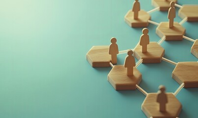 Obraz premium Connected network of people on hexagonal platforms. Wooden figurines represent individuals linked by thin threads