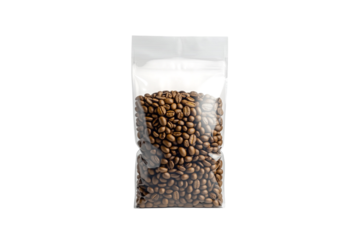 Coffee Beans in Clear Plastic Bag for Freshness Isolated on transparent background