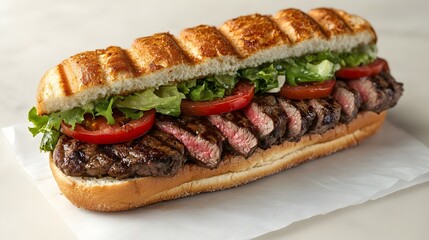 A delicious grilled steak sub sandwich on a long crusty roll with lettuce and tomato is presented on parchment paper.
