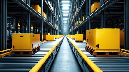 Obraz premium Yellow containers move along automated conveyor belts inside a modern warehouse storage facility.