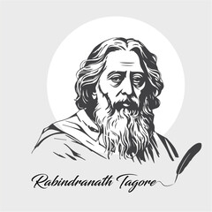 Rabindranath Tagore Jayant Post with Portrait Sketch vector illustration with feather pen