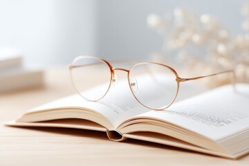 minimalistic desk with open book and eyeglasses on light wooden surface