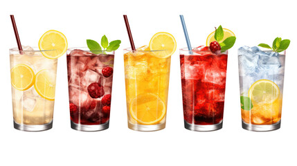 Sparkling Water, Lemonade, Iced Tea, Cherry Soda, and Cola – Beverage Set on White Background

