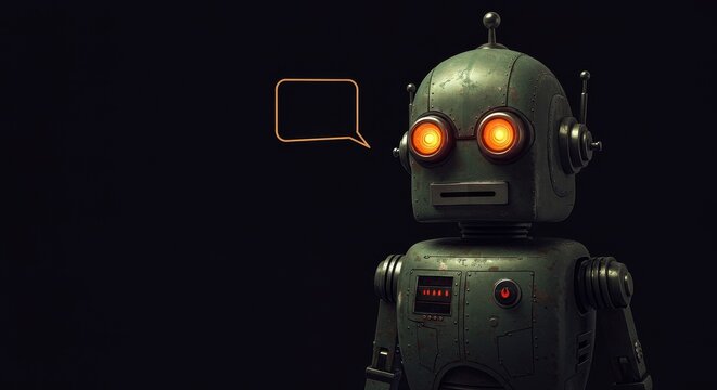 Retro Robot Contemplating - A vintage robot with glowing eyes stands against a dark background, a speech bubble nearby suggesting thought or communication