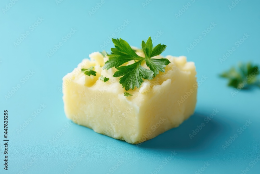 Aufkleber minimalistic photo of single serving of garnished mashed potatoes on smooth solid color background