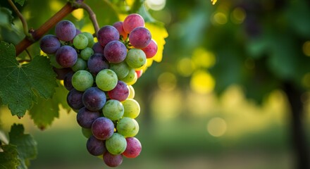 Ripe Grapes on the Vine - A bunch of red and green grapes hanging from a vine, bathed in sunlight. Fresh, juicy, and ready for harvest