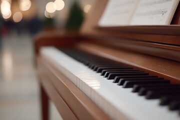 minimalistic scene with elegant sheet music on softly lit wooden piano blurred people in background