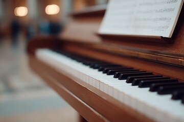 minimalistic scene with elegant sheet music on softly lit wooden piano blurred people in background