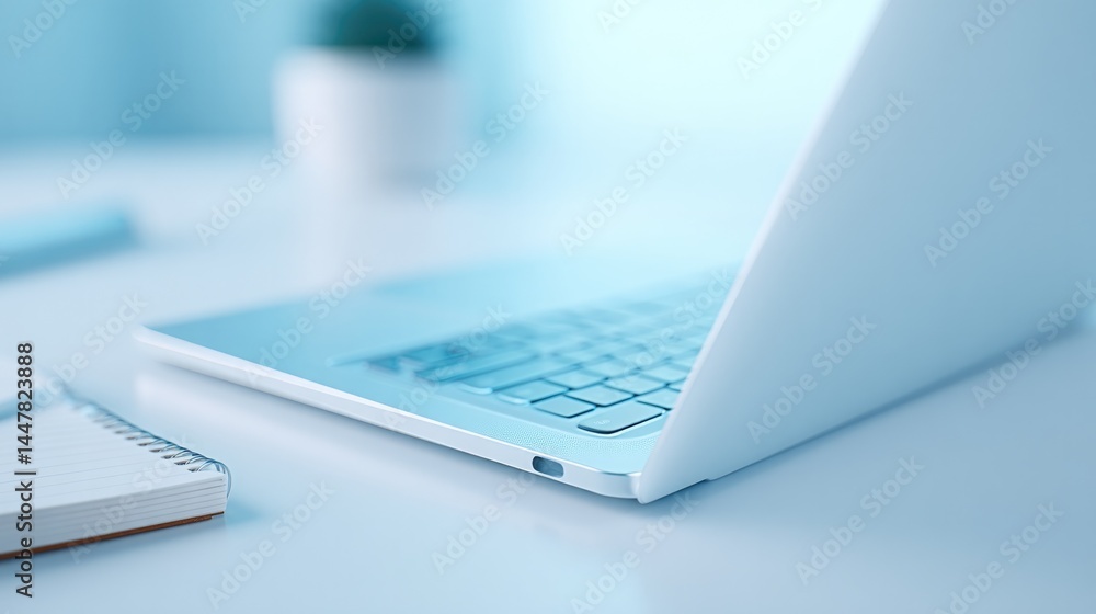 Aufkleber minimalistic workspace with ai-driven tools on sleek desktop surrounded by open notebooks and pen
